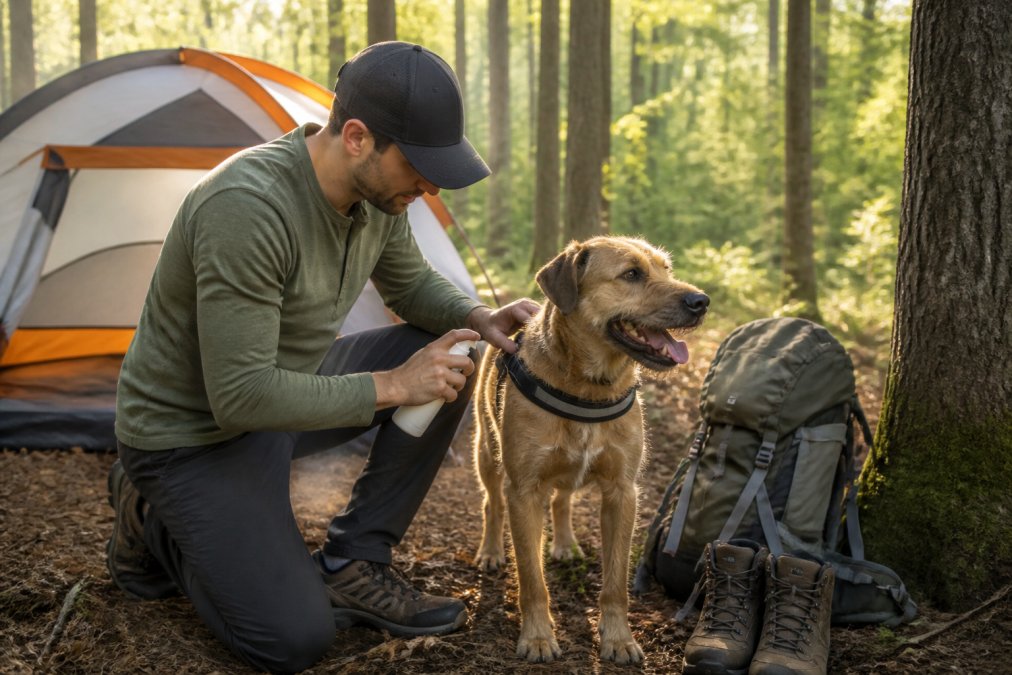 Camper in long sleeves kneeling beside a tent, applying tick repellent spray to a dog's harness while a backpack and boots rest nearby in morning woodland light