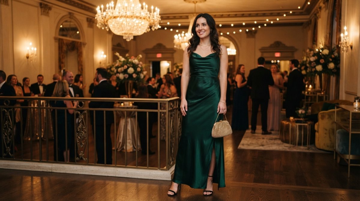 A woman in a floor-length satin evening gown standing confidently at a glamorous event venue with warm ambient lighting, holding a small beaded clutch purse