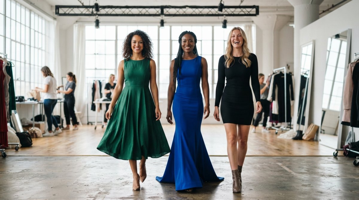 Three women standing side by side in a bright modern studio, each wearing a different silhouette, a flowing A-line midi dress, a floor-length mermaid gown, and a fitted bodycon mini, under clean white studio lighting