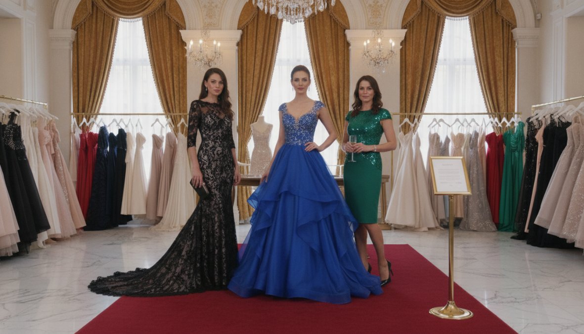 Woman wearing an elegant full-length sequin evening gown in champagne gold, posing confidently in a sophisticated indoor setting with warm accent lighting