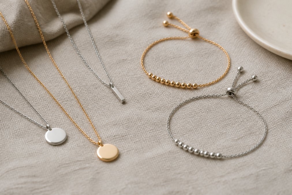 Close-up of delicate stainless steel and gold-tone pendant necklaces and adjustable bracelets arranged on a neutral linen surface, showing fine chain details and layered styling possibilities