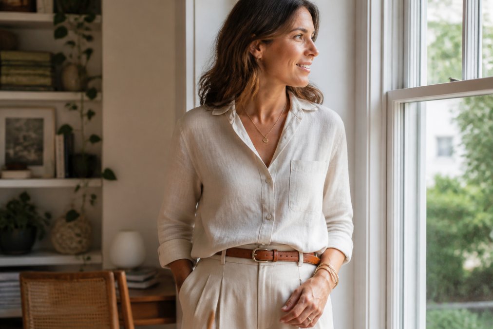 Woman wearing a cream-colored linen shirt and neutral trousers, styled with a thin leather belt at the waist, a delicate gold pendant necklace, and stacked adjustable bracelets, photographed in natural daylight near a window