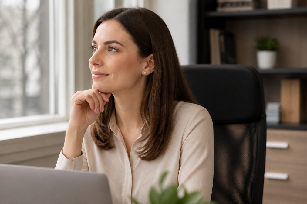 Woman wearing elegant freshwater pearl stud earrings in a professional office setting, seated at a desk with neutral-toned blouse, natural window lighting catching the pearl's lustre