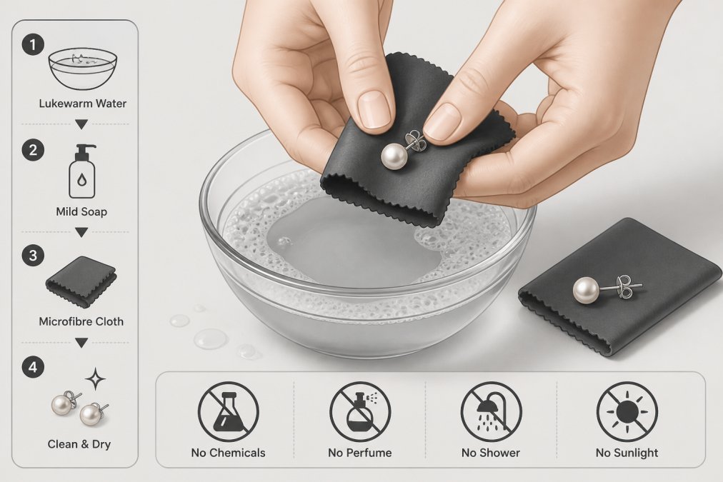 Close-up of hands gently cleaning pearl earrings with a soft microfibre cloth over a small bowl of lukewarm soapy water, showing proper care technique in natural light