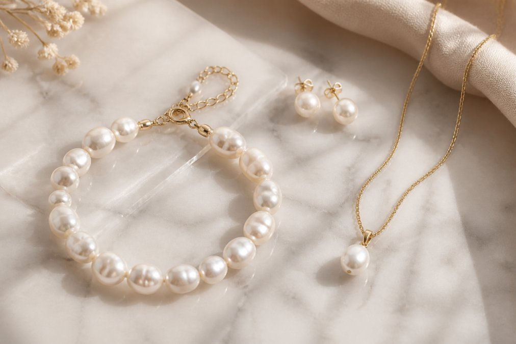 Flat lay of multiple freshwater pearl jewellery pieces including stud earrings, a baroque pearl bracelet and a pendant necklace arranged on a soft white marble surface with warm golden light