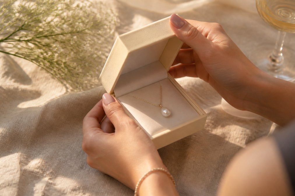 A woman's hands gently opening a small elegant cream jewellery gift box containing a pearl pendant necklace, set against a soft neutral linen background with warm side lighting suggesting a celebratory occasion