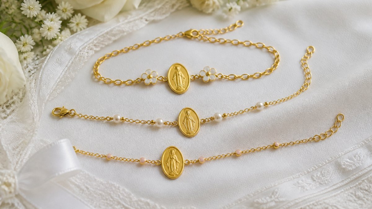 Three gold-plated bracelets with delicate pearl accents and religious medal centerpieces on white fabric