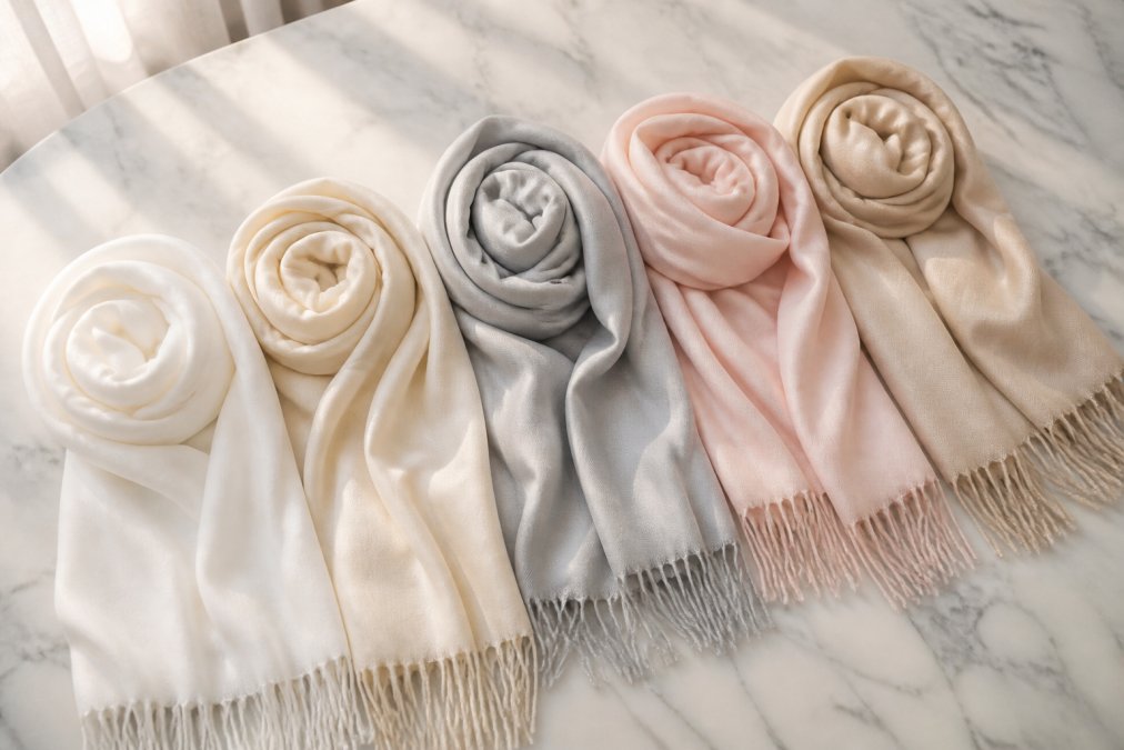 Five elegant pashminas in white, cream, grey, blush, and champagne arranged on a marble surface.