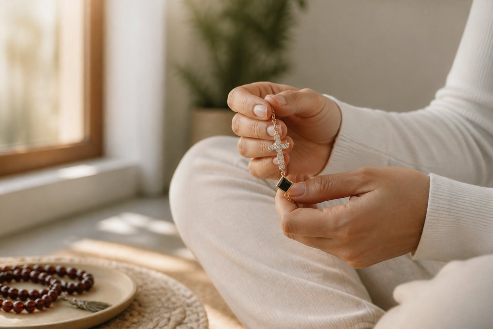 Hands gently holding prayer beads in a peaceful meditation setting with soft natural morning light streaming through a window, showing proper bead positioning between thumb and index finger for spiritual practice