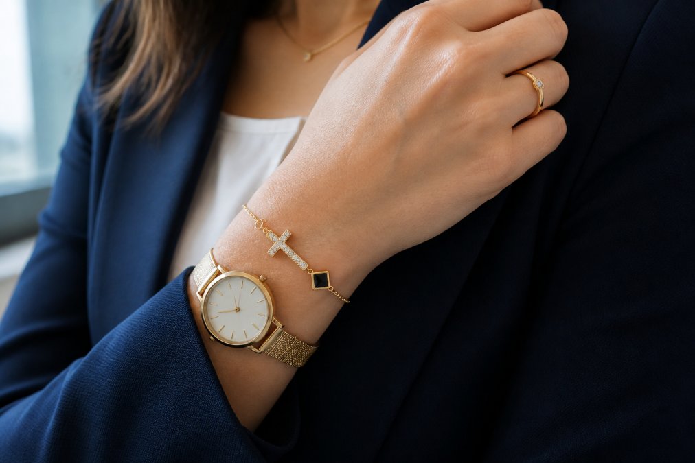 Woman's wrist showing an elegant prayer bead bracelet layered with a delicate gold watch and minimalist ring, wearing a professional navy blazer, photographed in natural office lighting