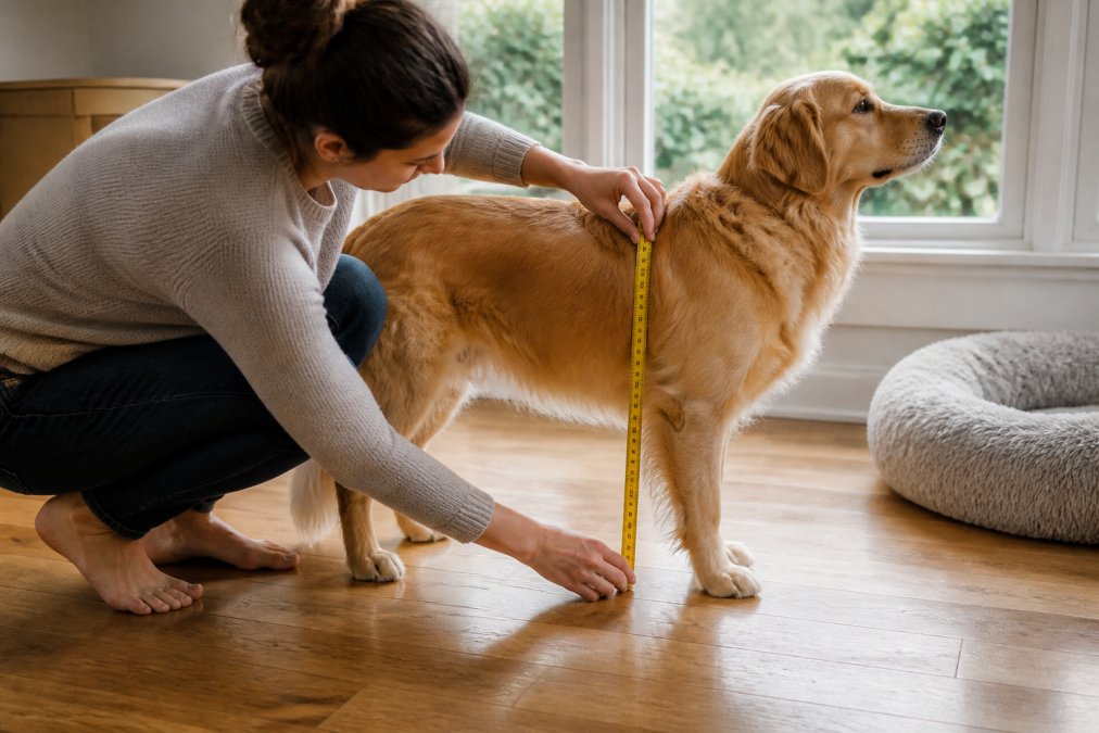 Dog owner measuring their dog's shoulder height with a measuring tape while the dog stands in a natural position on a hardwood floor, natural window lighting