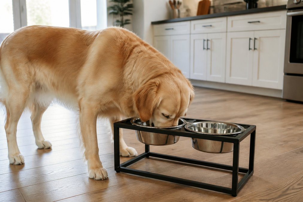 Large breed dog eating comfortably from an elevated stainless steel double bowl feeder in a modern kitchen with natural lighting