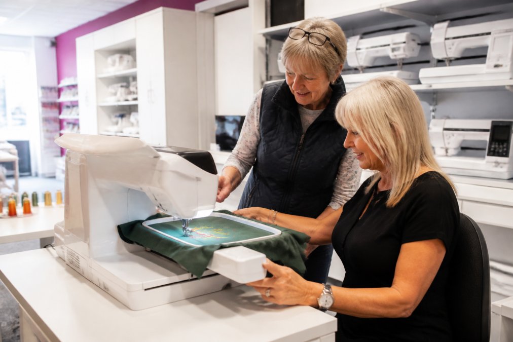 A customer in a bright showroom testing an embroidery machine while a friendly staff member offers guidance, with other machines on display in the background