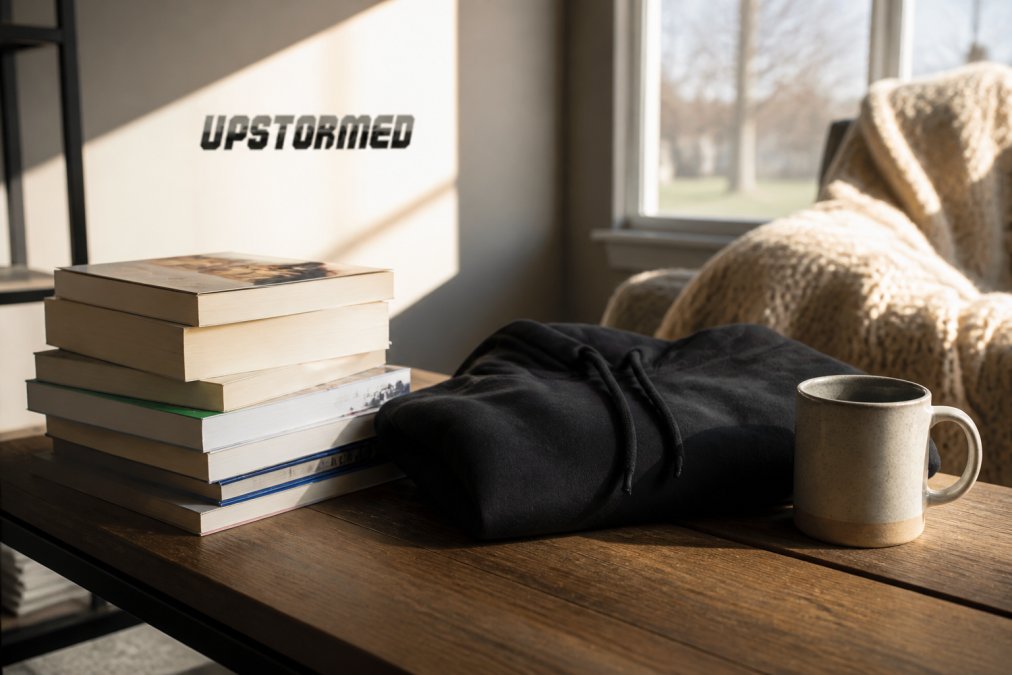 A stack of paperback books on a wooden coffee table next to a folded black hoodie and a ceramic mug, warm morning light through a window