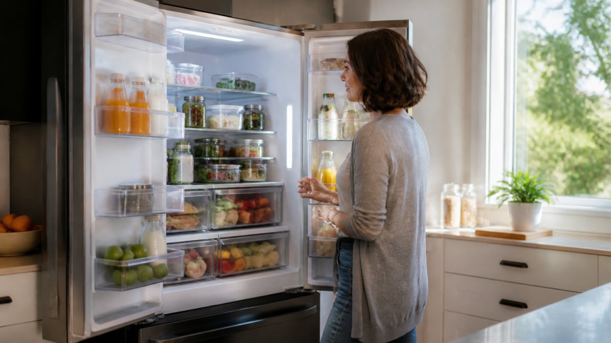 Homeowner examining the interior layout of a modern energy efficient refrigerator in a sunlit kitchen