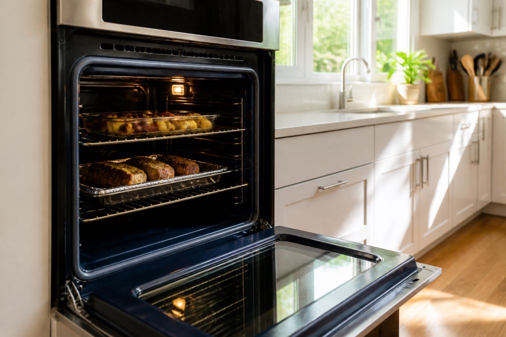 Modern kitchen with a stainless steel Energy Star oven open, showing the oven interior with food cooking inside, bright natural light streaming through the window
