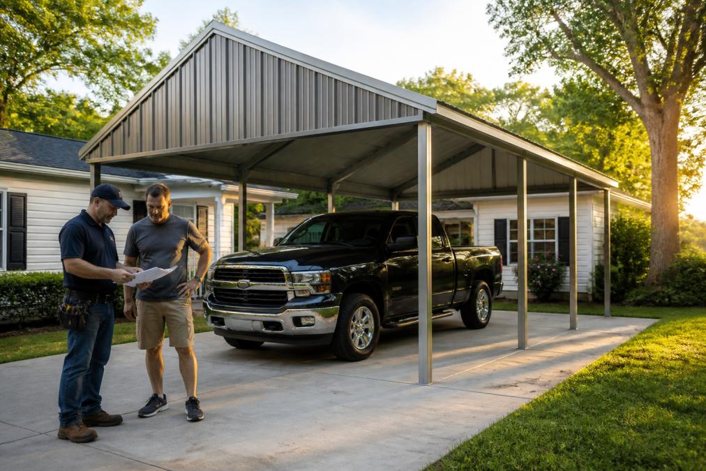 A newly installed galvanized steel carport with a vertical roof style on a residential property, clean lines and professional installation visible, a pickup truck parked underneath, late afternoon sunlight