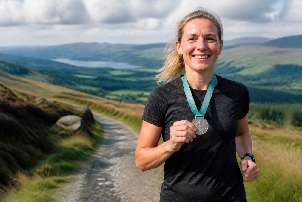 Runner in outdoor gear jogging along a scenic countryside path, wearing a medal around their neck, smiling at the camera with rolling hills in the background