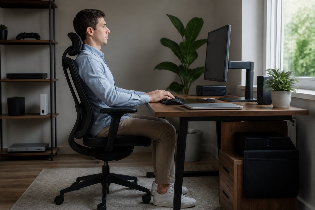 Professional sitting at wooden desk with monitor at eye level, feet flat on floor, arms at 90-degree angles, demonstrating proper neutral posture with natural window lighting from the side