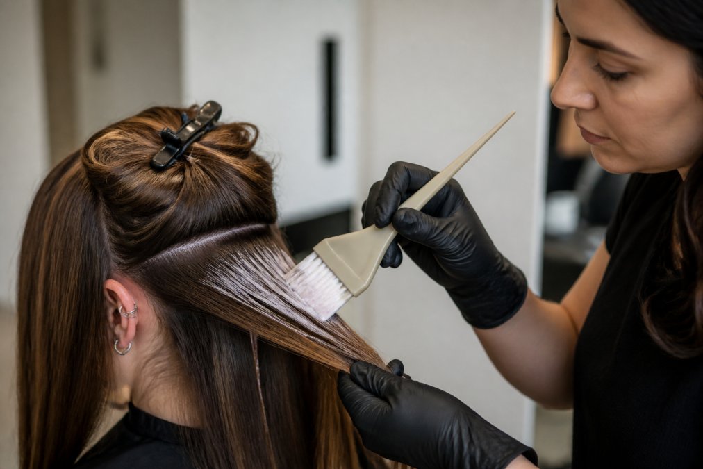 Professional colorist applying hair color with feathered brush using proper ergonomic grip and hand positioning during balayage technique in natural salon lighting