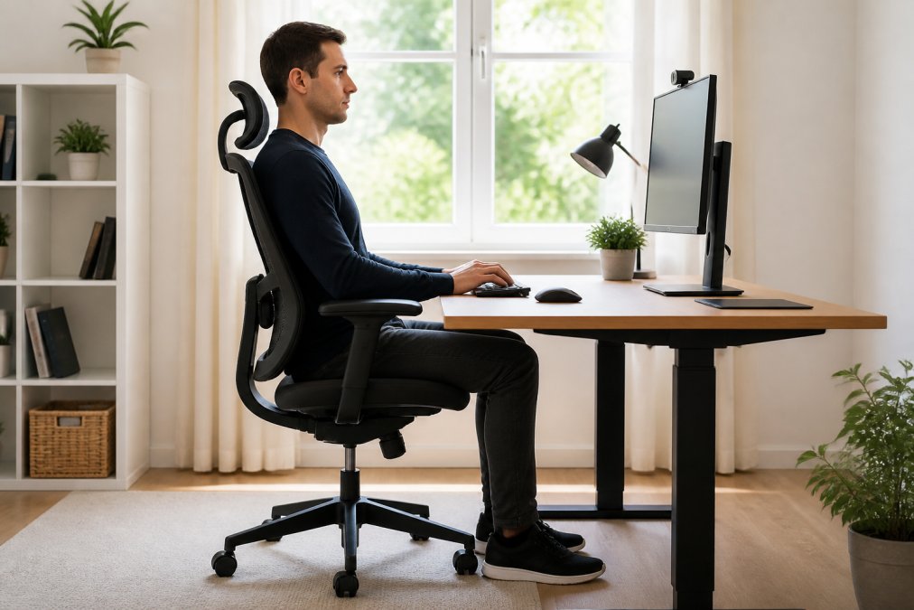 Person sitting in ergonomic office chair with proper posture, showing lumbar support contact, armrests at elbow height, feet flat on floor, and screen at eye level in bright home office