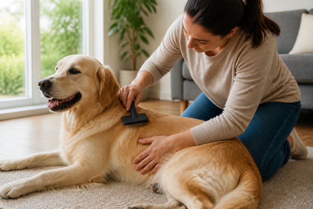 Pet owner gently brushing a calm dog's coat with a slicker brush, showing proper hand positioning and technique with natural window lighting in a home setting