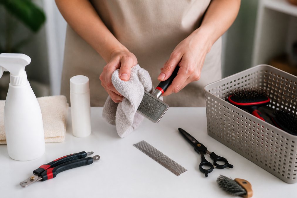 Close-up of someone cleaning grooming tools with a soft brush and cloth, organized neatly on a white table with natural lighting