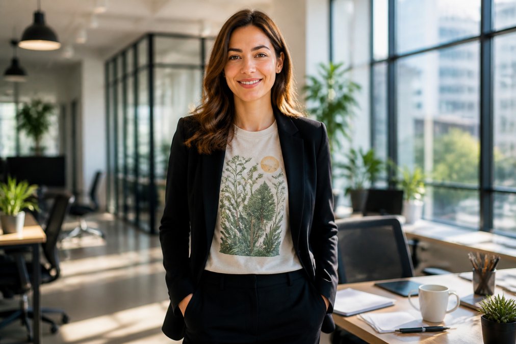 A young professional wearing a nature-inspired advocacy t-shirt under a structured blazer, standing in a bright modern office with large windows, looking confident and approachable