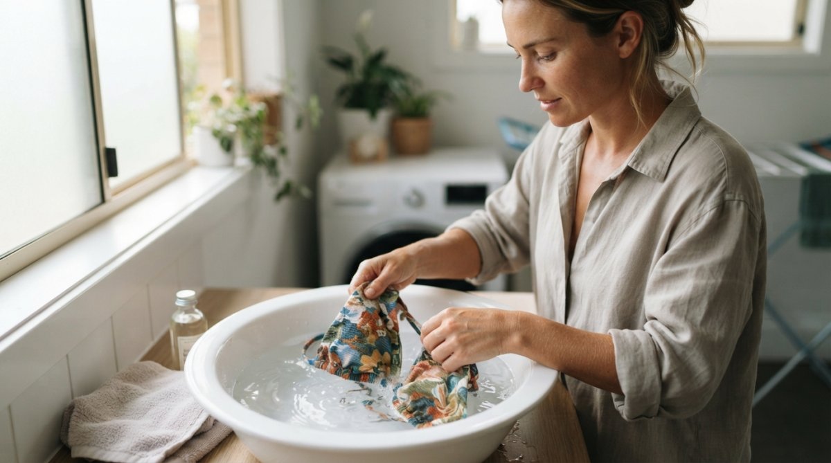 Close-up of hands gently hand-washing a colourful bikini top in a white ceramic basin filled with clear water, soft natural light from a nearby window, suggesting careful and deliberate garment care