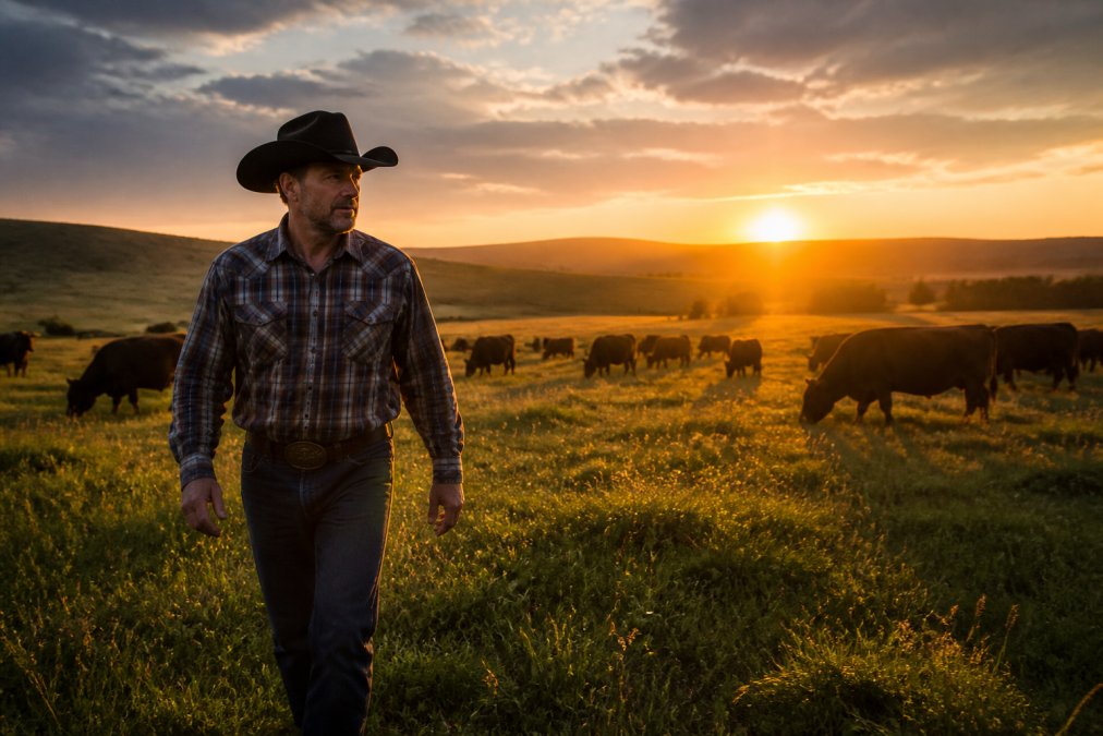 A Canadian rancher walking through a green pasture with cattle grazing in the background, golden hour light, documentary style