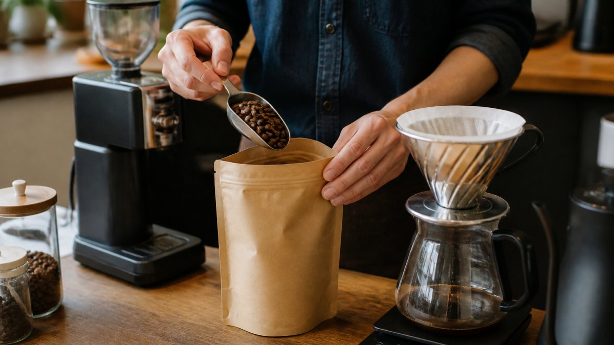 Close-up of a home brewer's hands scooping whole-bean coffee from a kraft bag beside a burr grinder and a pour-over setup on a wooden counter