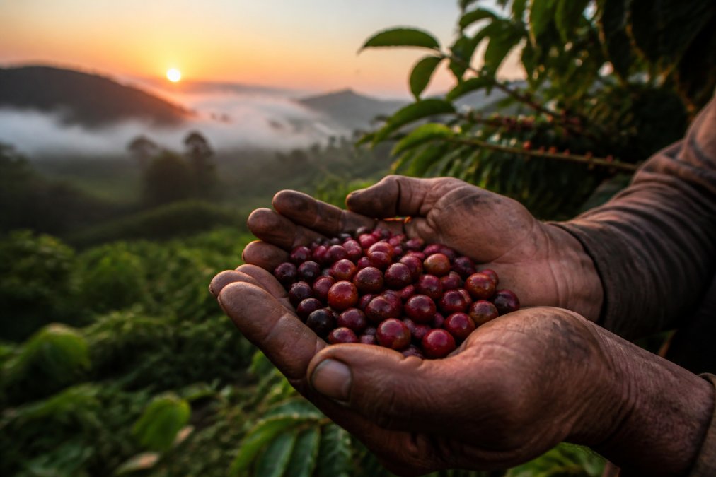 Close-up of coffee beans resting in a farmer's weathered hands at sunrise on a small-scale farm, with lush green vegetation visible in the background and morning mist rising from the fields