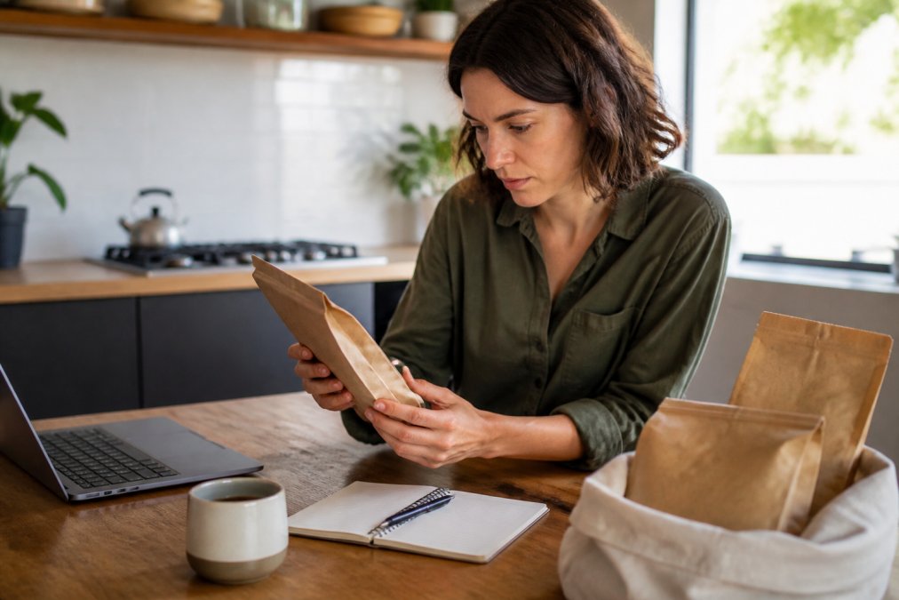 Person reading coffee bag labels and certifications at a home kitchen counter with a laptop nearby