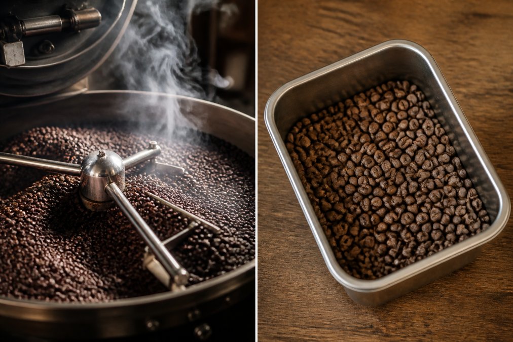 A freshly roasted batch of dark brown coffee beans cooling in a metal roasting drum with visible steam rising and wisps of smoke, warm lighting highlighting the glossy surface of the beans