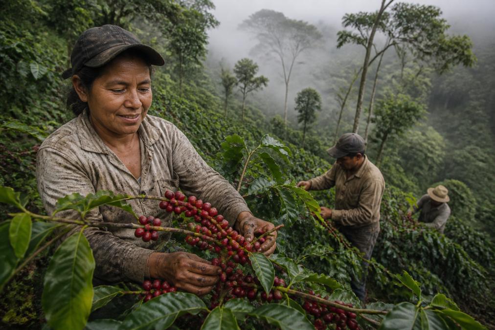 Coffee farmers in worn work clothes harvesting ripe red cherries by hand on a steep hillside plantation, morning mist rising through lush green foliage and shade trees