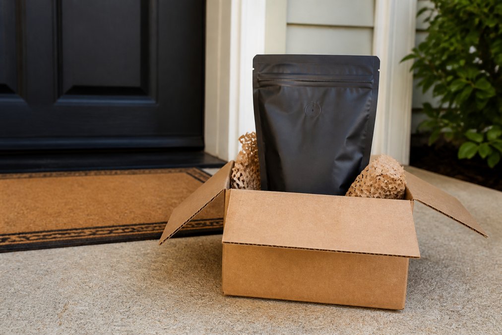 Coffee bag being delivered to a doorstep, showing fresh roasted product and delivery packaging