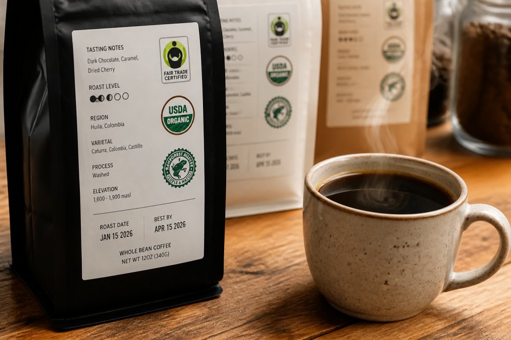 Close-up of coffee bag labels showing multiple certification logos (Fair Trade, organic, Rainforest Alliance), roast date, and origin information with a steaming cup of freshly brewed coffee nearby on a wooden surface