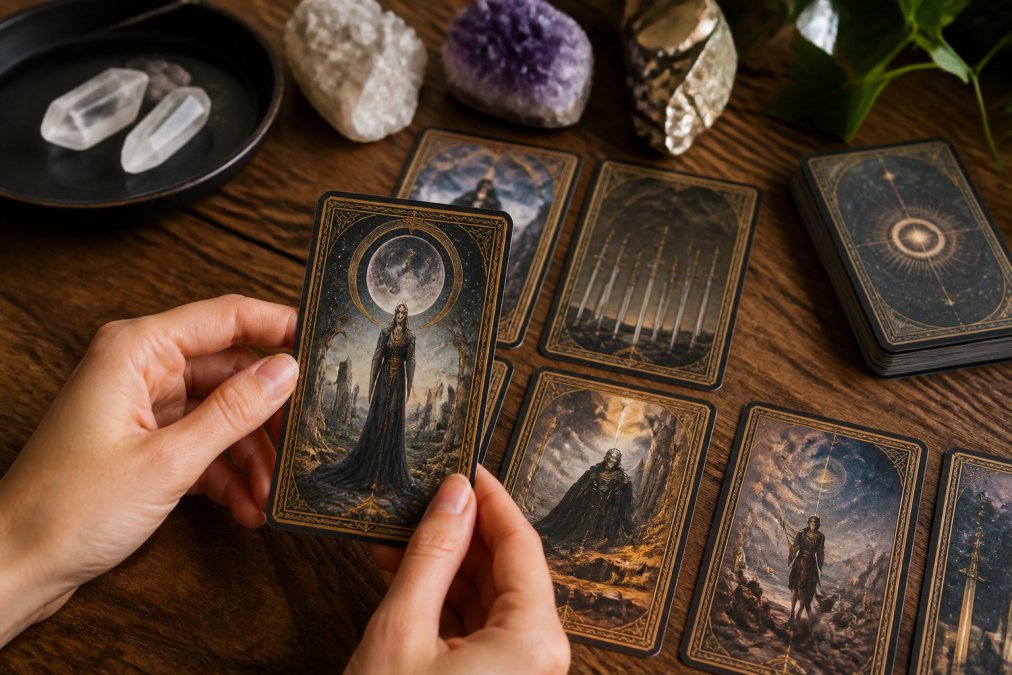 Close-up of hands holding a beautifully illustrated tarot deck spread on wooden surface, showing original artwork and intricate card details with natural lighting