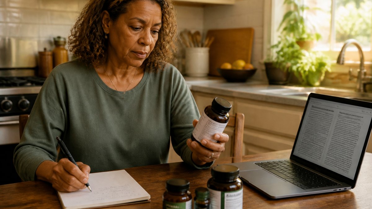 A person sitting at a kitchen table reading the label on a supplement bottle while holding a notepad and pen, with a laptop open nearby showing a research study, warm afternoon light through a window