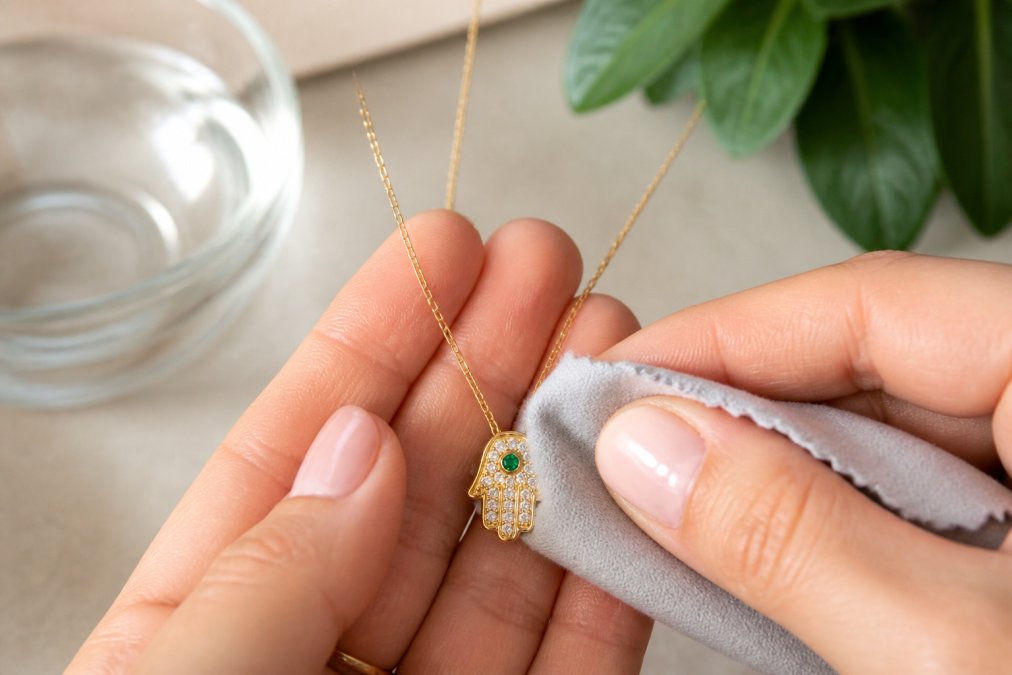 Close-up of hands gently cleaning a sterling silver gold-plated hamsa necklace with a soft microfiber cloth, showing proper maintenance technique in natural daylight