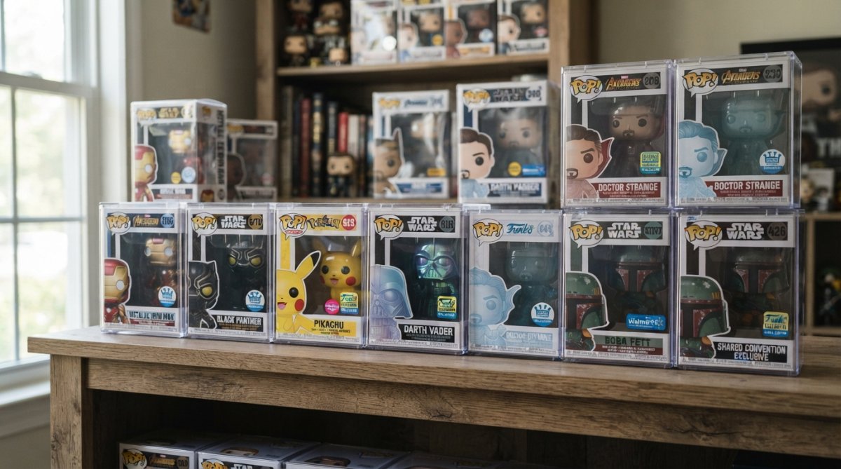 Collector's shelf displaying exclusive Funko Pops in protective cases under soft natural window light