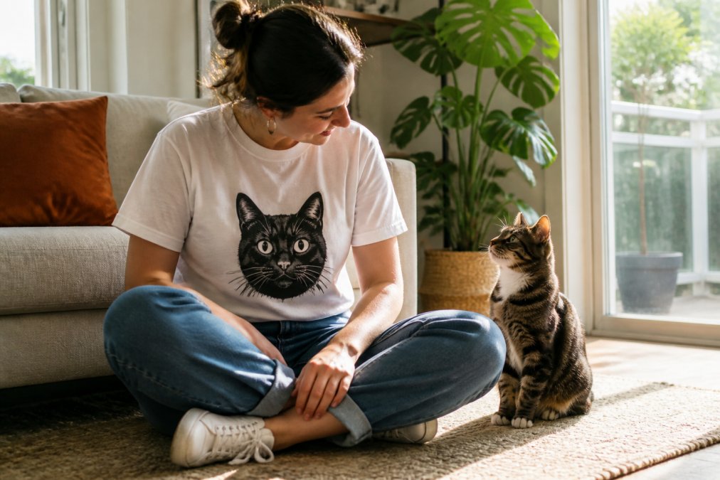 Person wearing a graphic cat t-shirt styled casually with jeans and sneakers, sitting in a cozy home setting with their cat nearby, natural lighting from a window