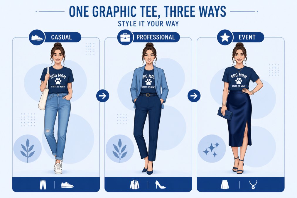 Person wearing expressive graphic tee styled three different ways, casual with jeans and sneakers, professional with a blazer and tailored trousers, and dressed up for an event with a skirt and accessories, showing versatility of graphic apparel across occasions