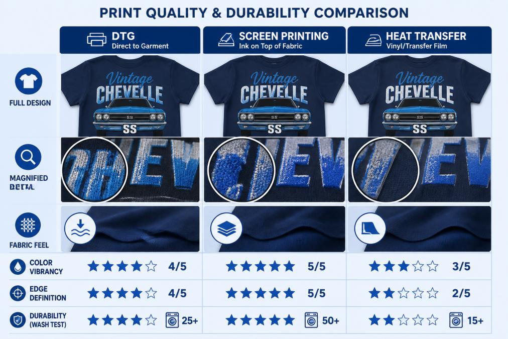 Side-by-side comparison of the same graphic design printed using DTG, screen printing, and heat transfer methods, showing color vibrancy, edge definition, and fabric texture differences under magnification