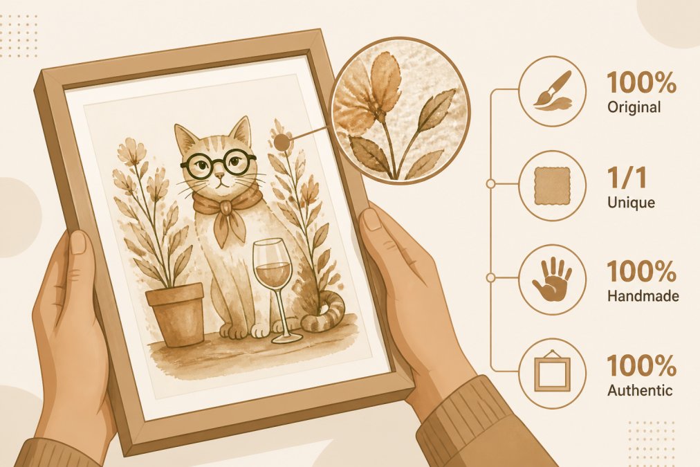 Close-up of hands holding a framed watercolor illustration with visible brushstrokes and paint texture, showing the authentic detail of original artwork on display