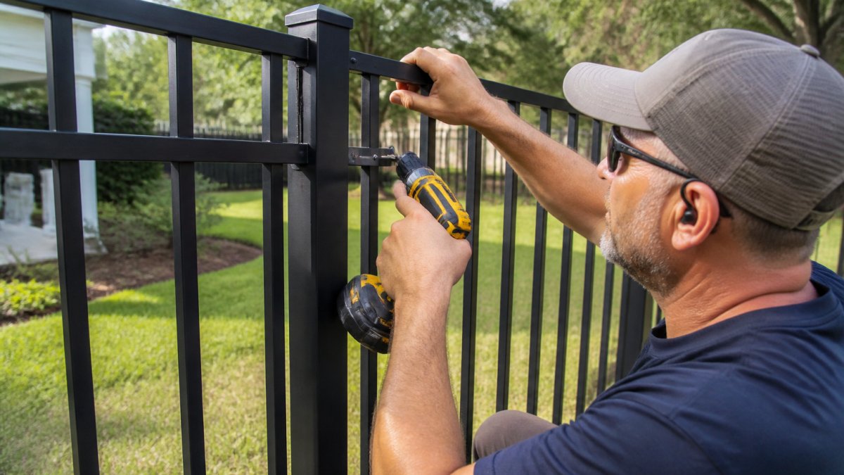 Step-by-step diagram showing how to attach brackets for a factory direct aluminum fence installation