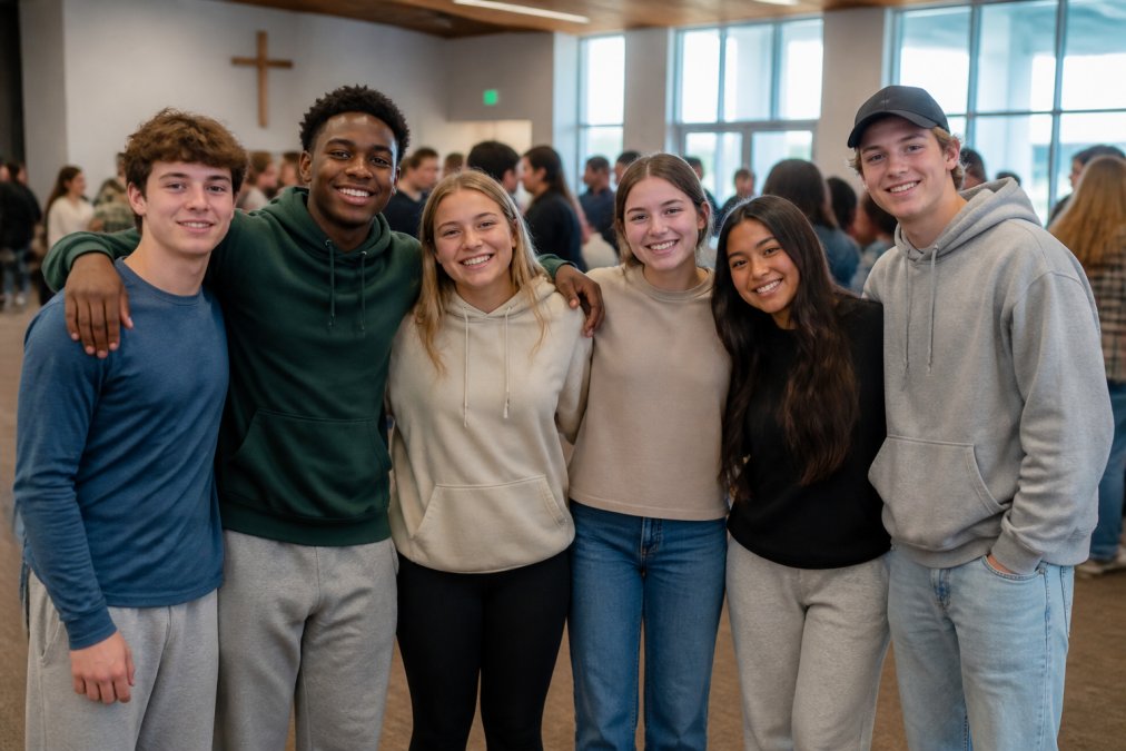 Diverse group of teenagers and young people wearing faith-inspired apparel at a youth ministry event or church gathering, standing together with genuine smiles in a modern community center setting