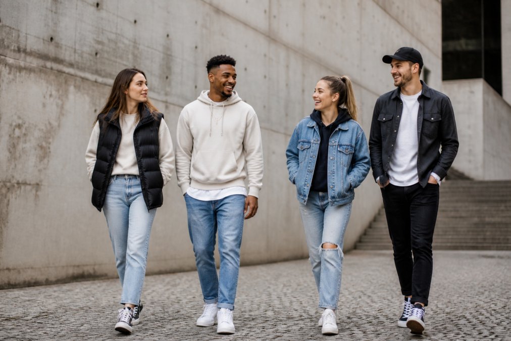 Young adults wearing casual faith-based graphic tees styled with jeans, sneakers, and layered outerwear in an outdoor urban setting, looking confident and modern