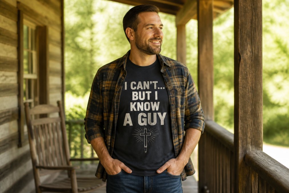 A man in his thirties wearing a faith-based graphic t-shirt under an open flannel shirt, standing on a wooden porch in warm afternoon daylight, relaxed and confident posture