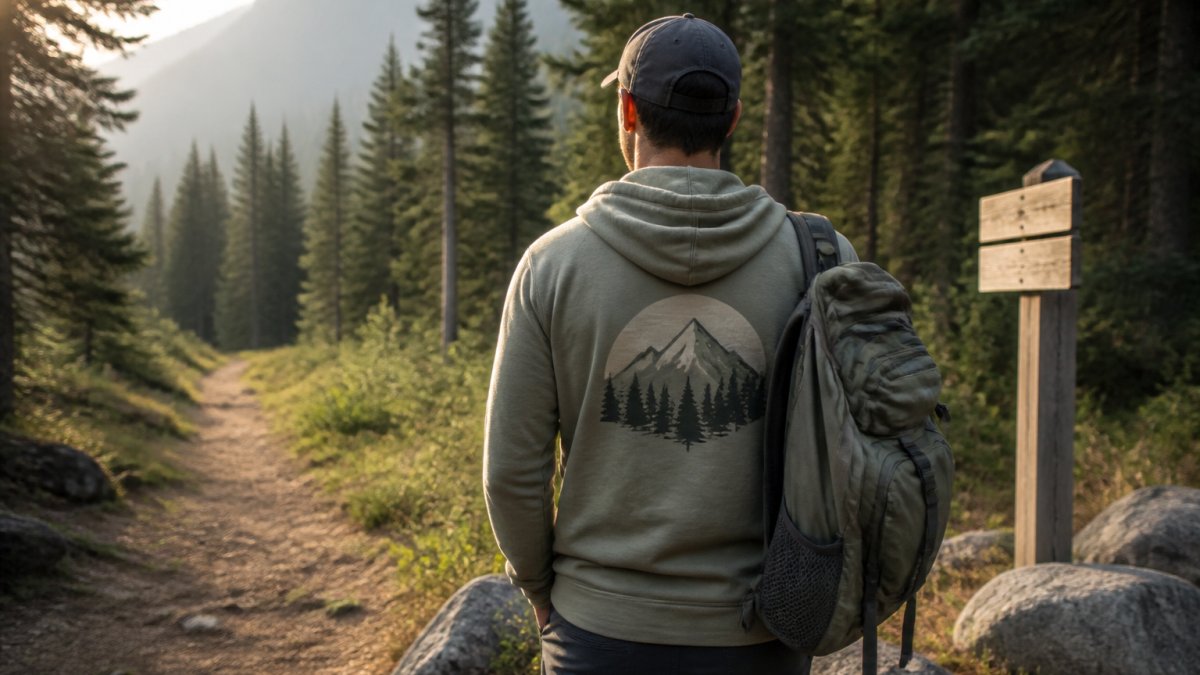 A hiker wearing a midweight hoodie with a mountain graphic on the back, standing at a forest trailhead in soft morning light